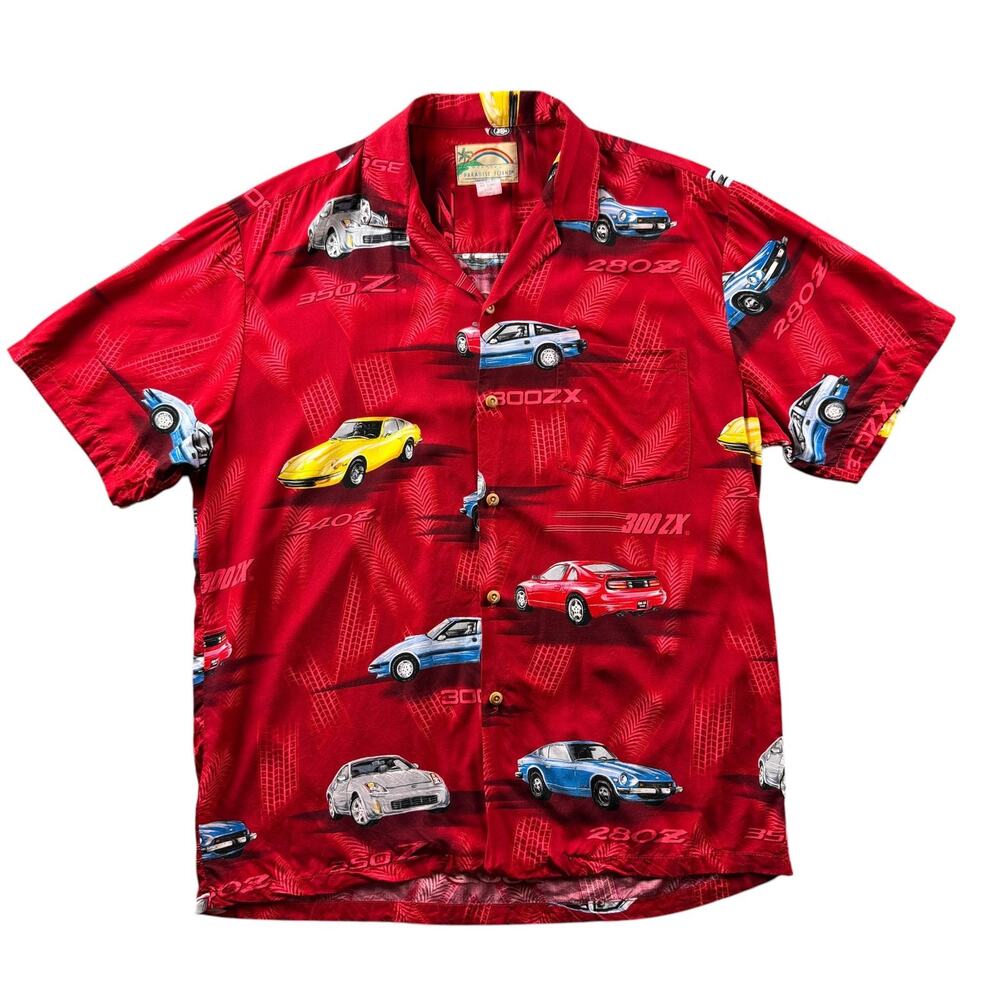 Paradise Found Nissan Z Hawaiian Shirt L Red Rayon Made Hawaii 240Z 300ZX
